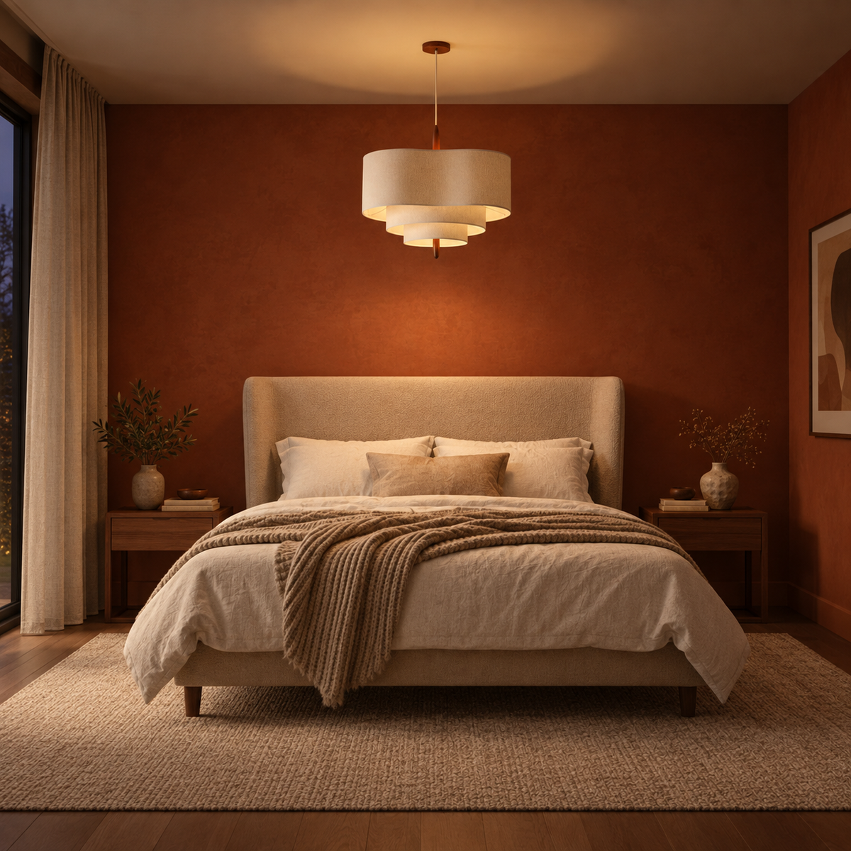 Korina pendant light above a bed in a terracotta bedroom