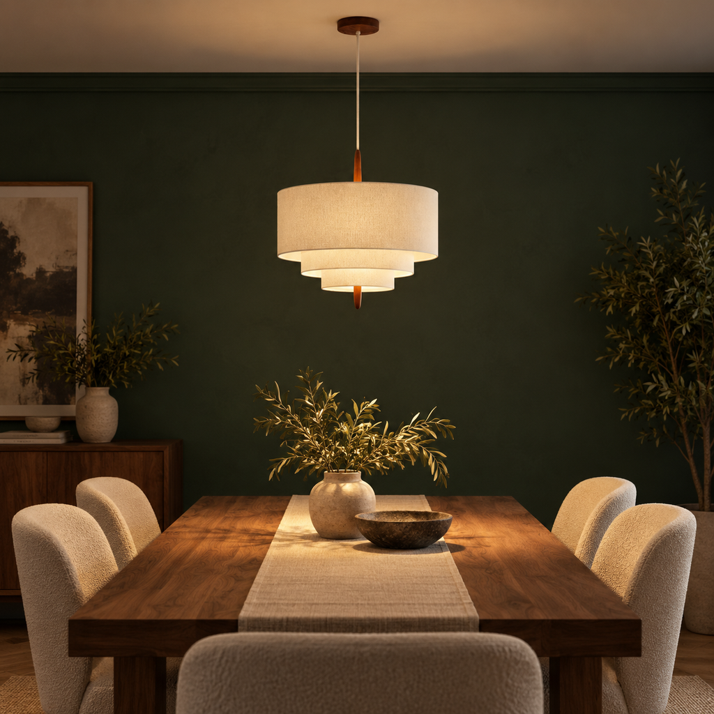 Korina pendant light above a walnut dining table on a forest green wall