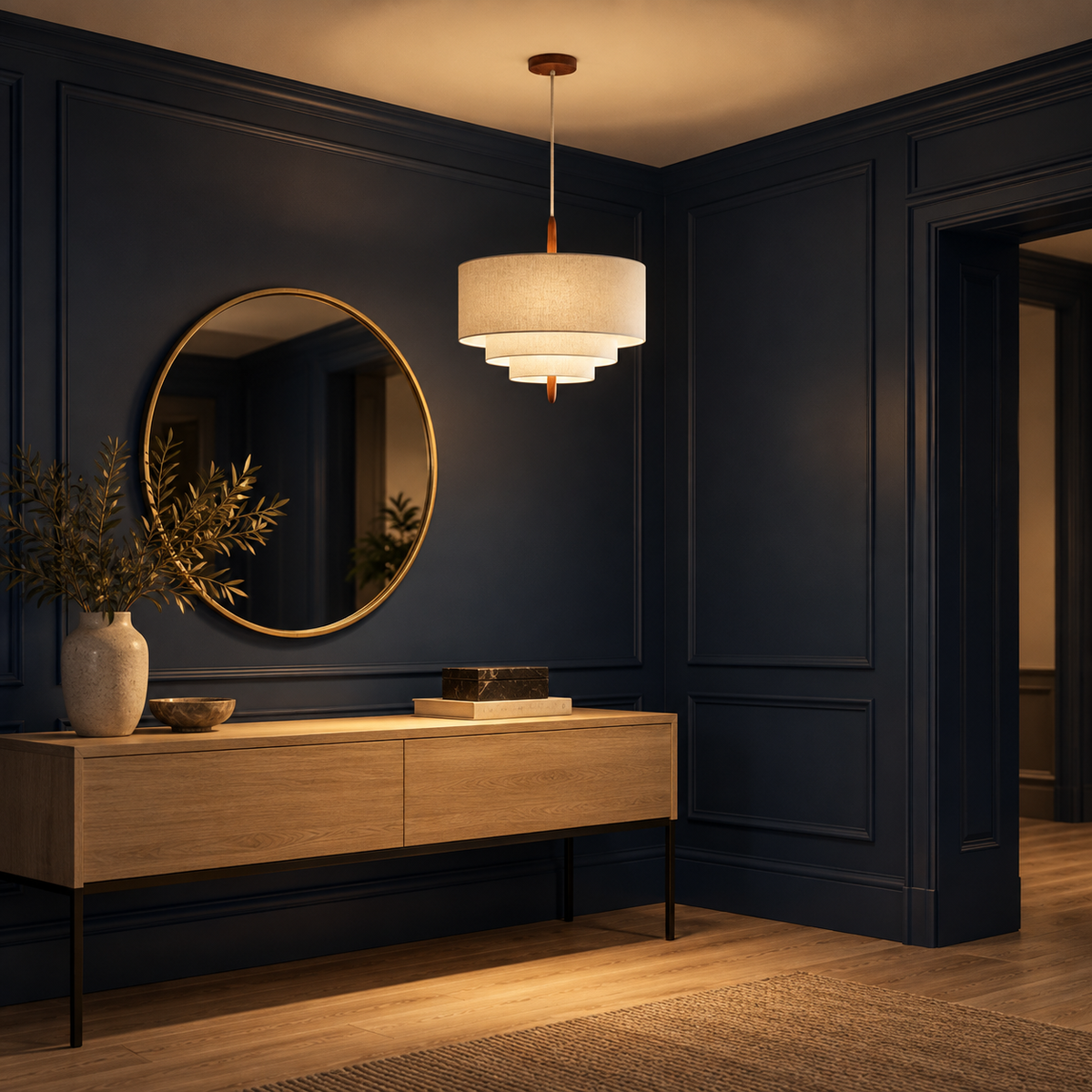 Korina pendant light beside a round brass mirror in a navy panelled hallway