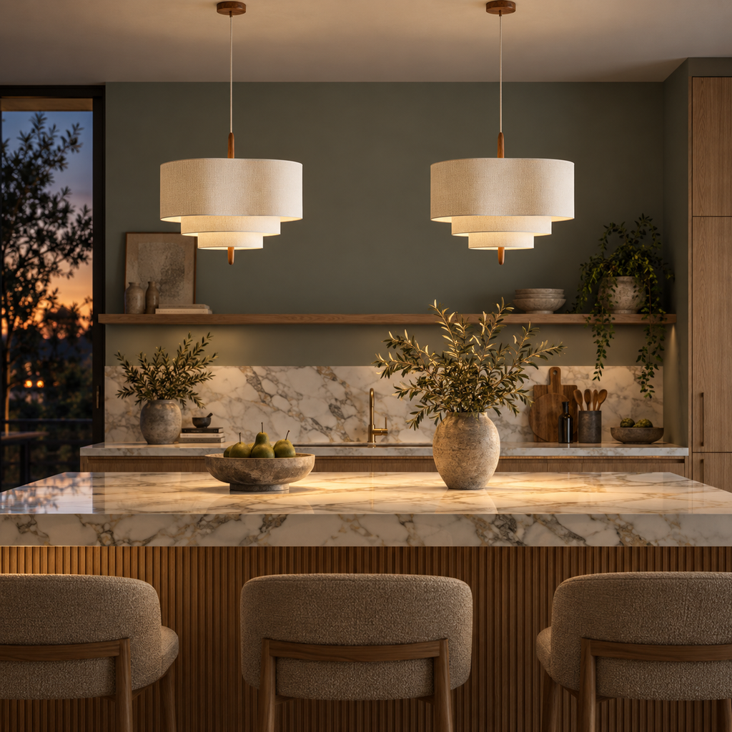 Two Korina pendant lights above a marble kitchen island on a sage green wall