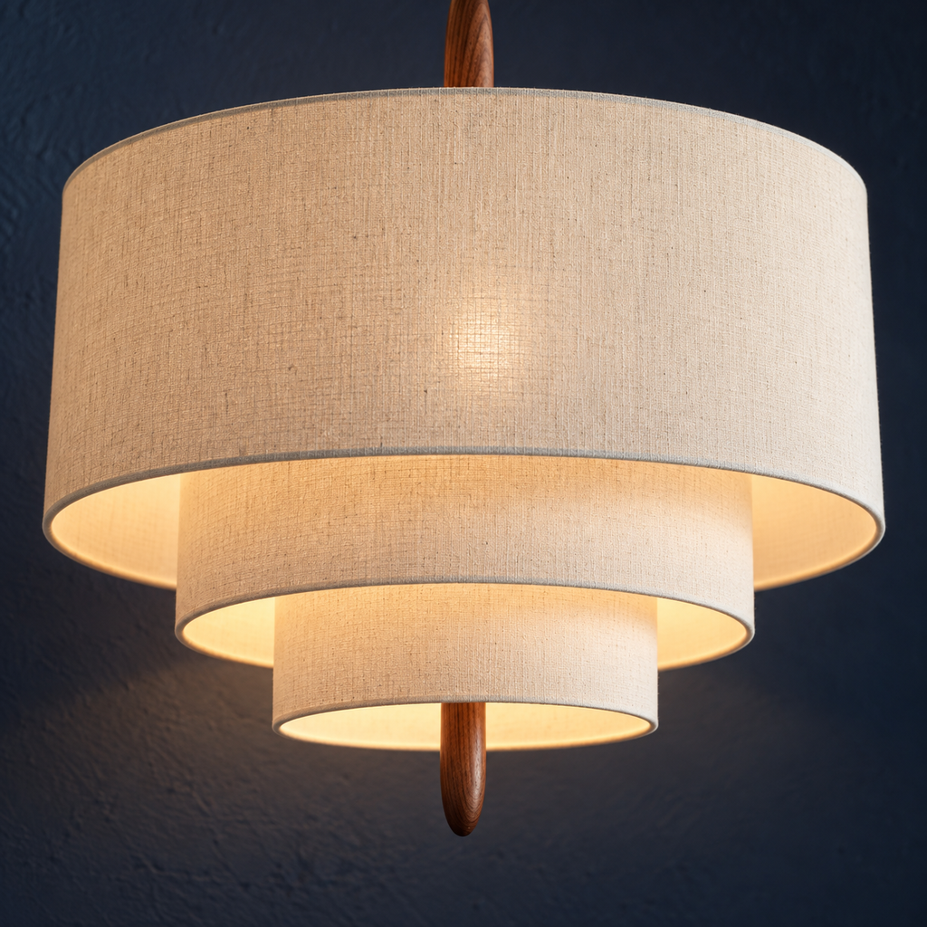 Close-up of the three oatmeal linen tiers and walnut finial of the Korina pendant