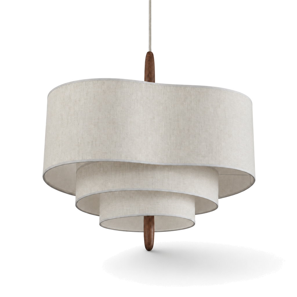 Korina three tier oatmeal linen pendant light on a white background