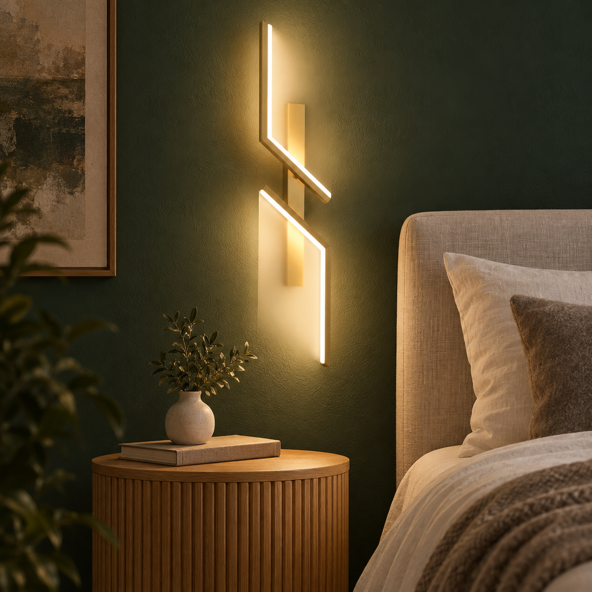 Marel wall light above a fluted oak bedside table on a forest green wall
