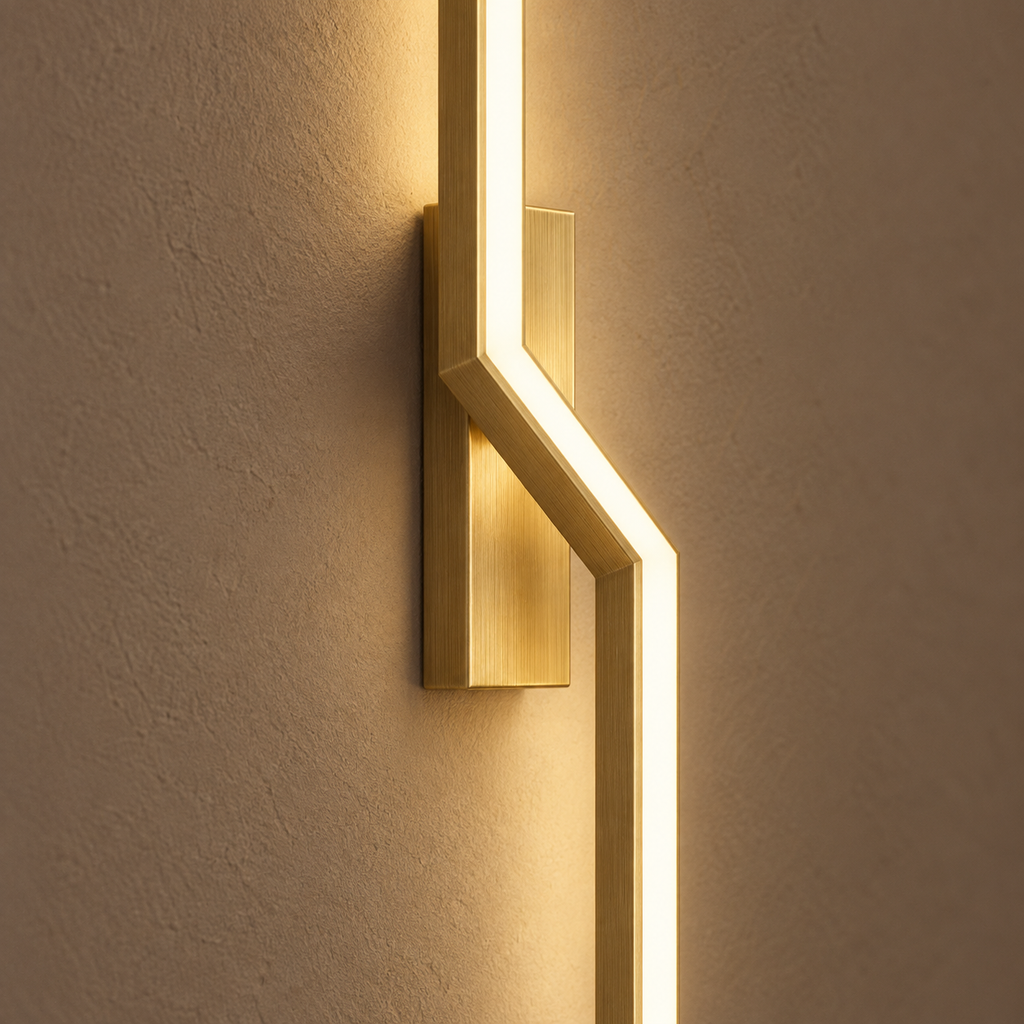Close-up of the brushed brass bend of the Marel wall light