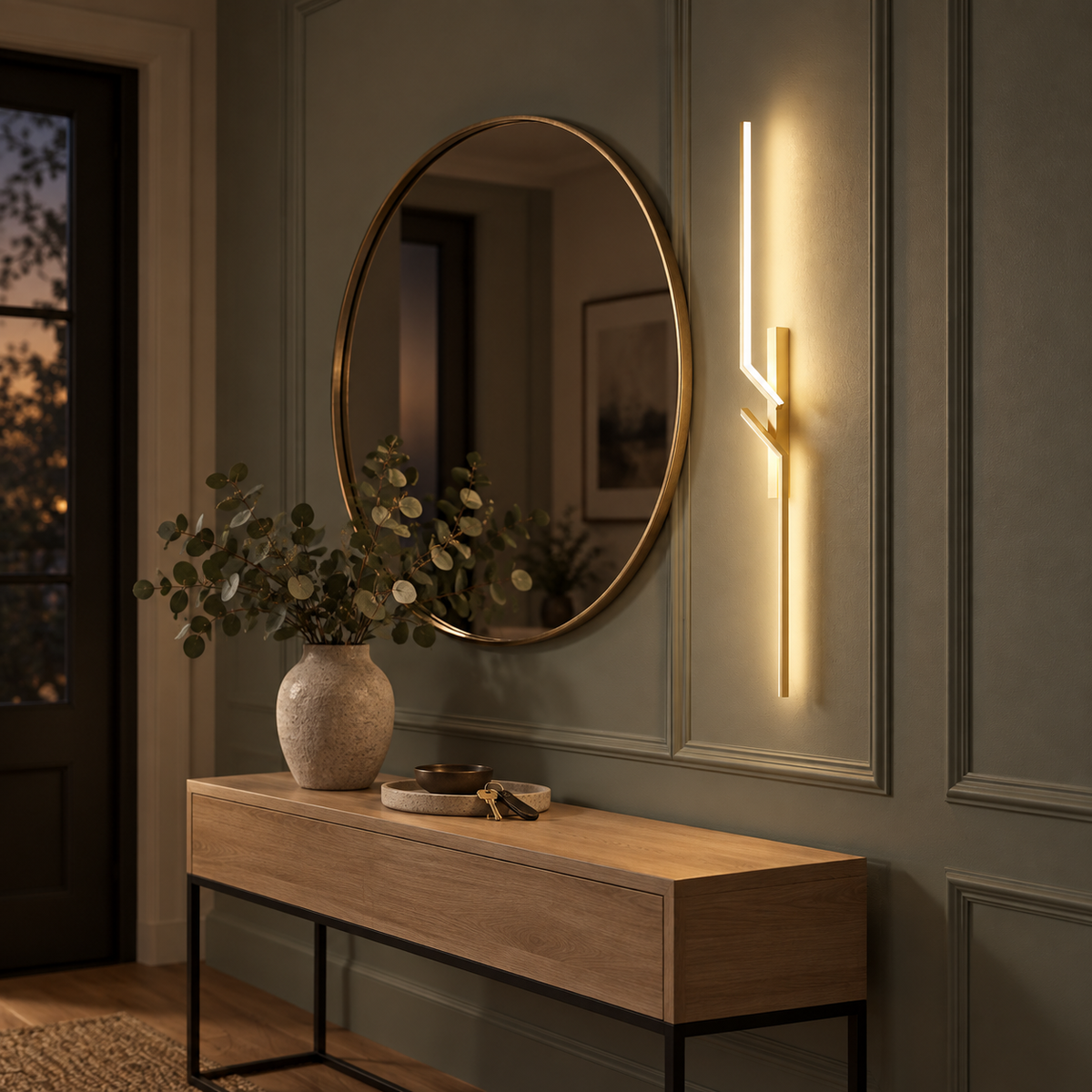 Marel wall light beside a round brass mirror in a sage green hallway