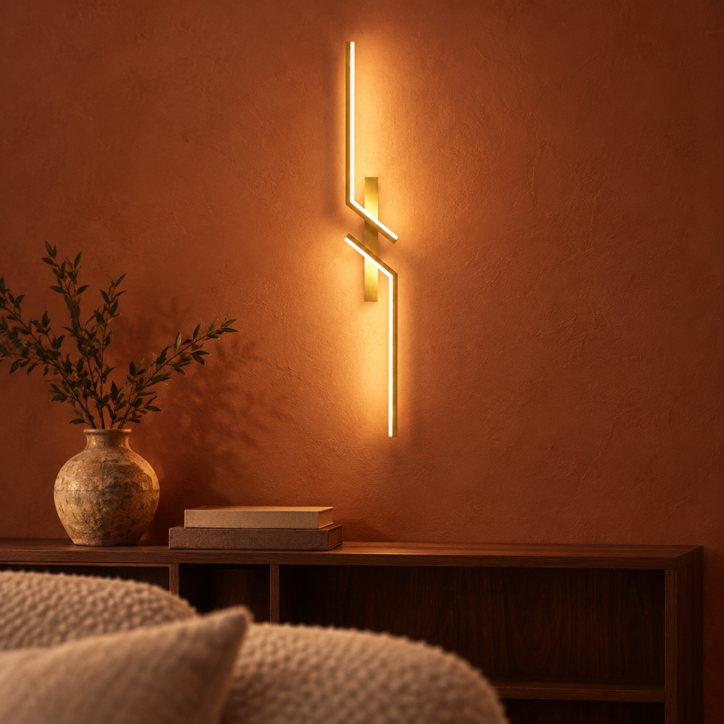 Marel wall light above a walnut bookcase on a terracotta living room wall