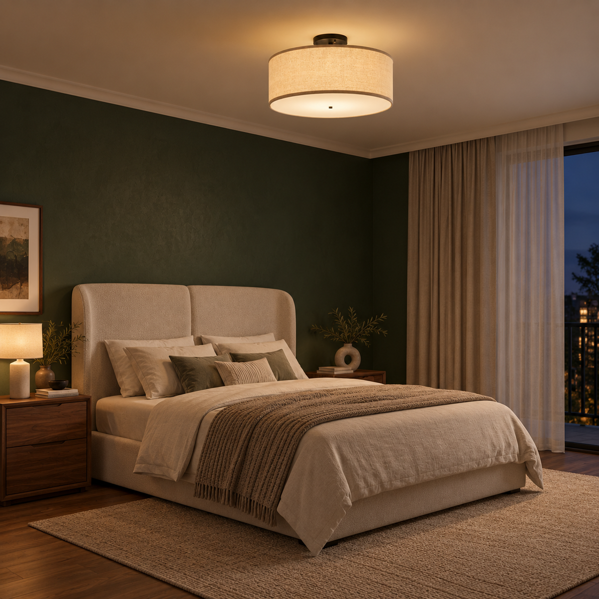 Naline flush ceiling light lit in a forest green bedroom