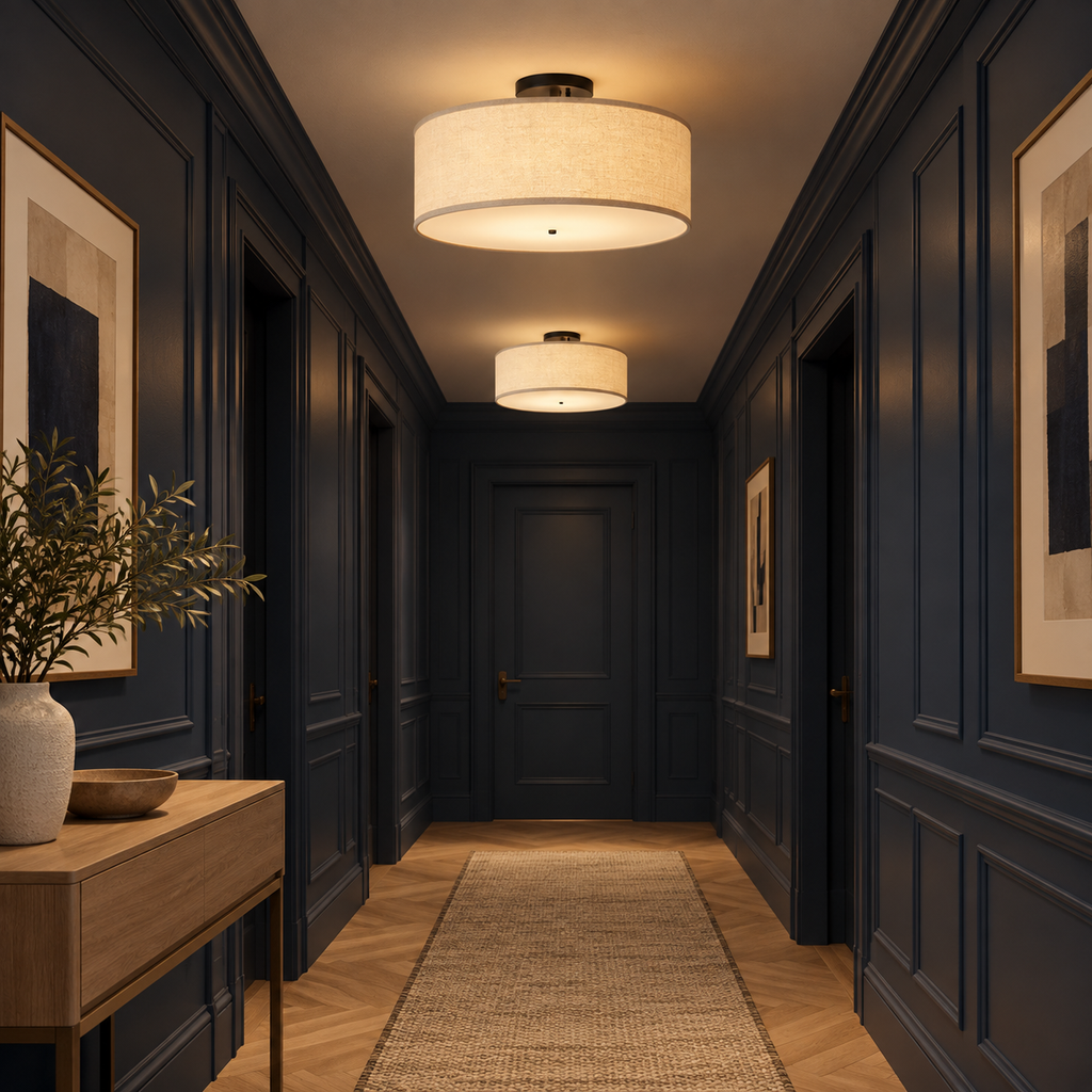 Two Naline flush ceiling lights along a navy panelled hallway