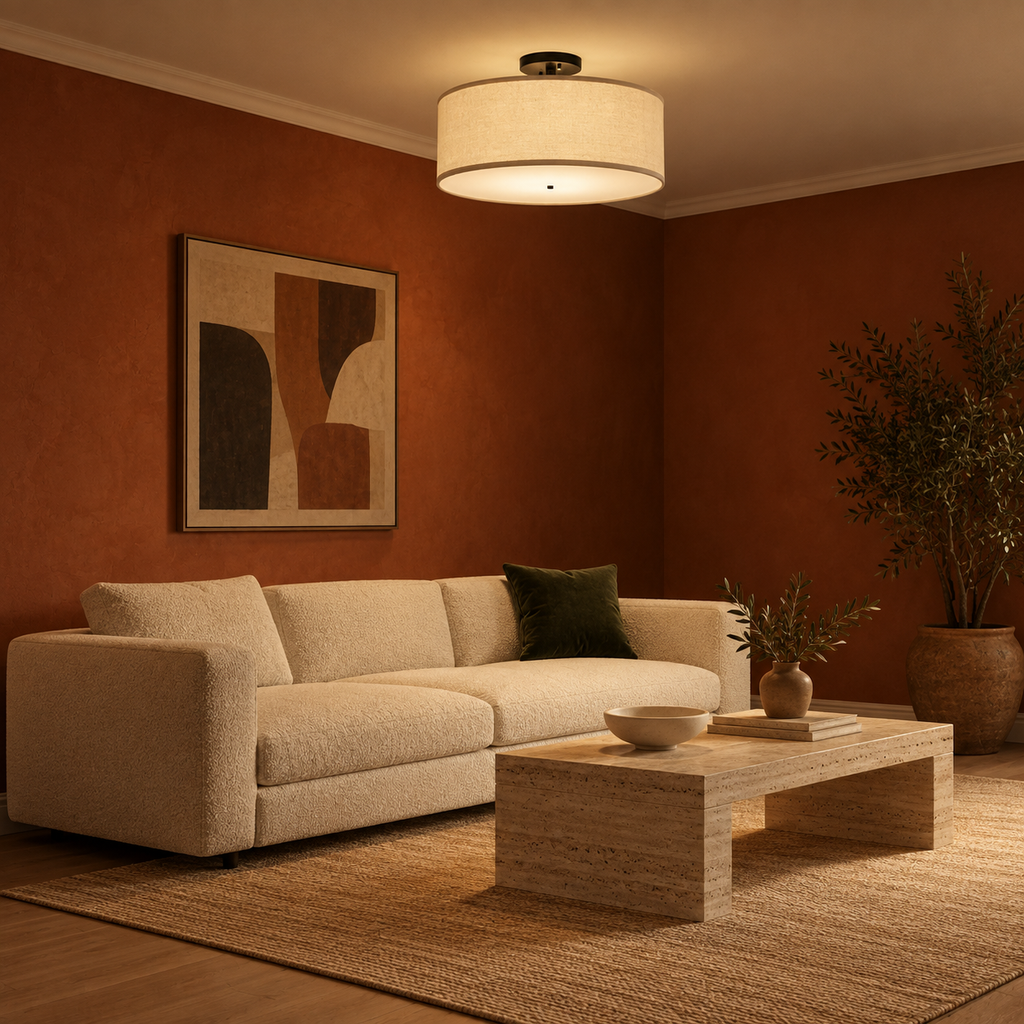 Naline flush ceiling light in a terracotta living room