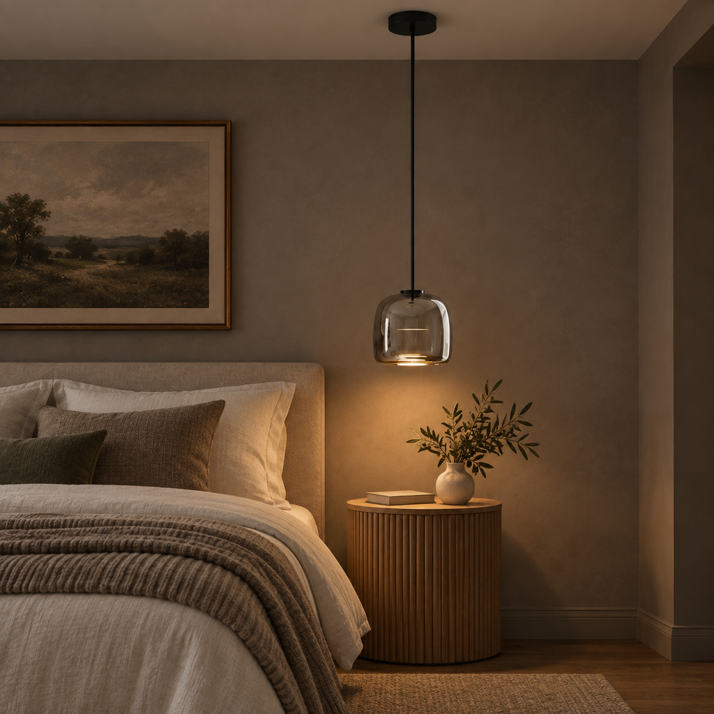 Ostara pendant light dropped low beside a fluted oak bedside table