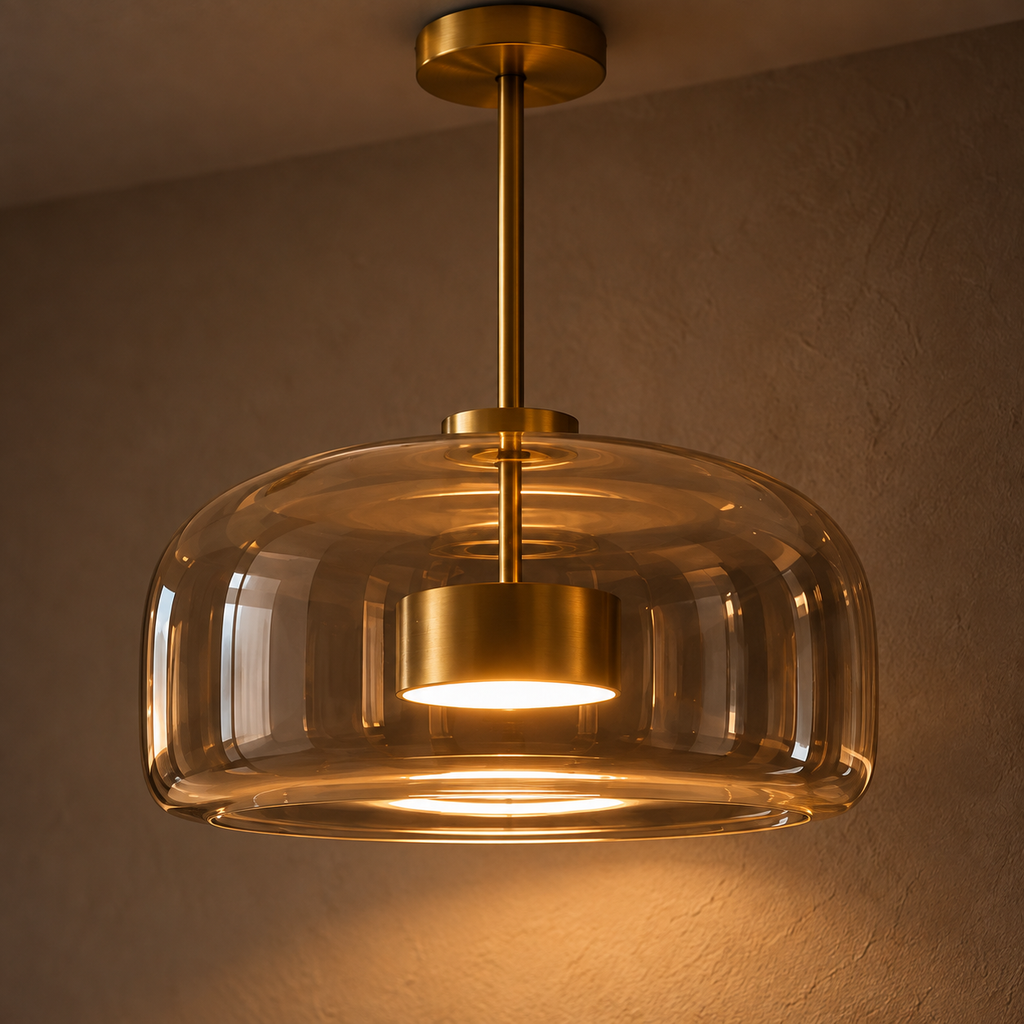 Close-up of the double walled cognac glass shade of the Ostara pendant light
