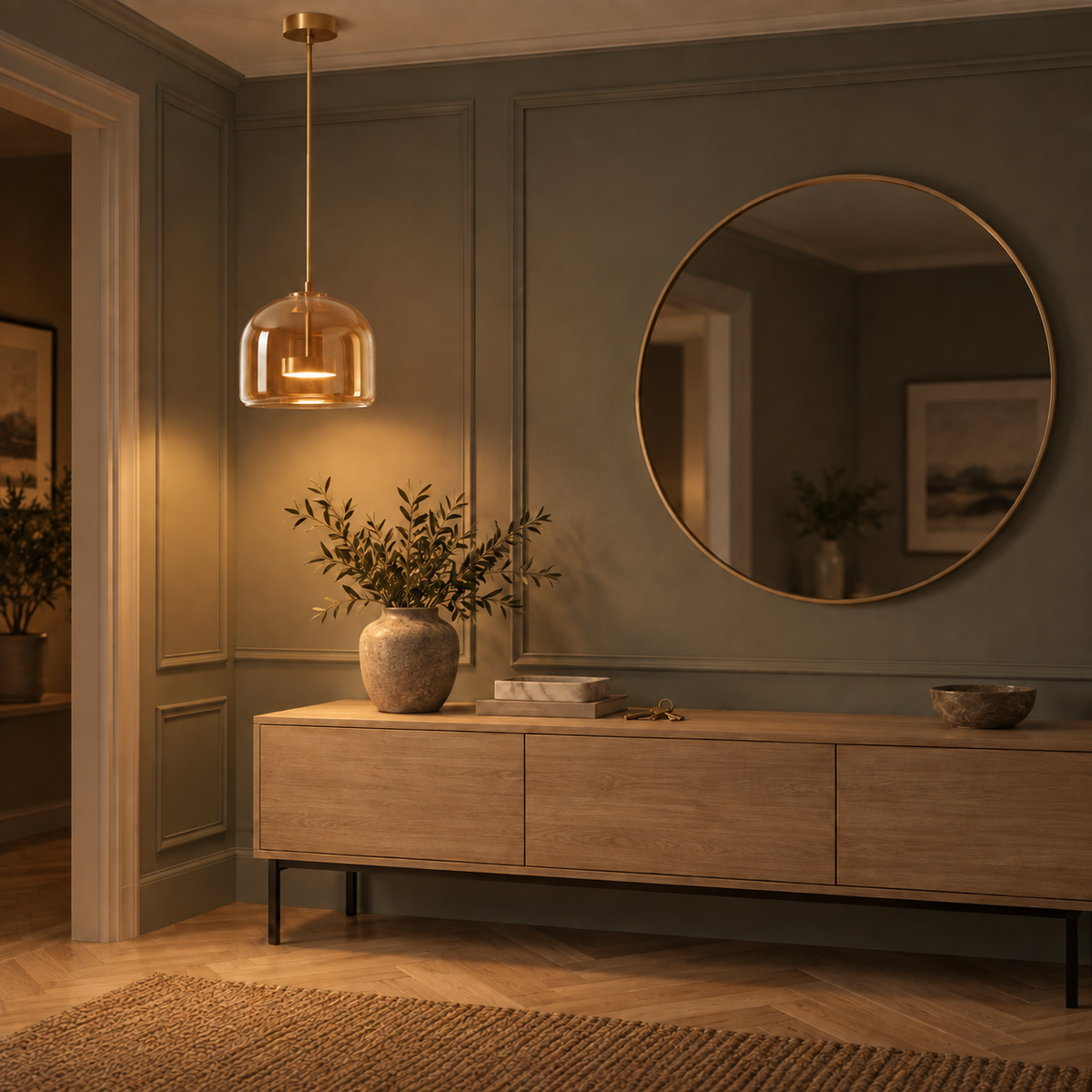 Ostara pendant light in cognac and brass above an oak console in a sage green hallway