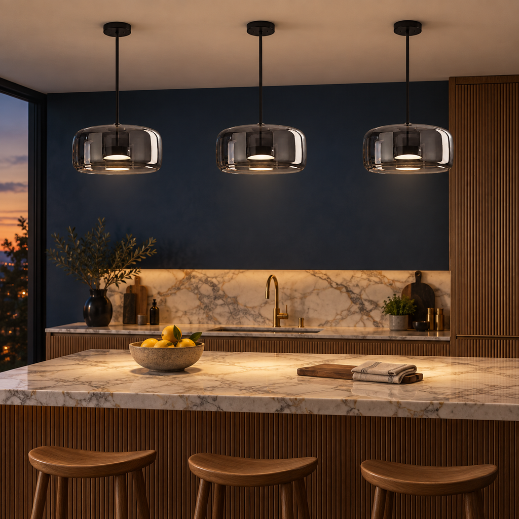 Three Ostara pendant lights in a row above a marble kitchen island