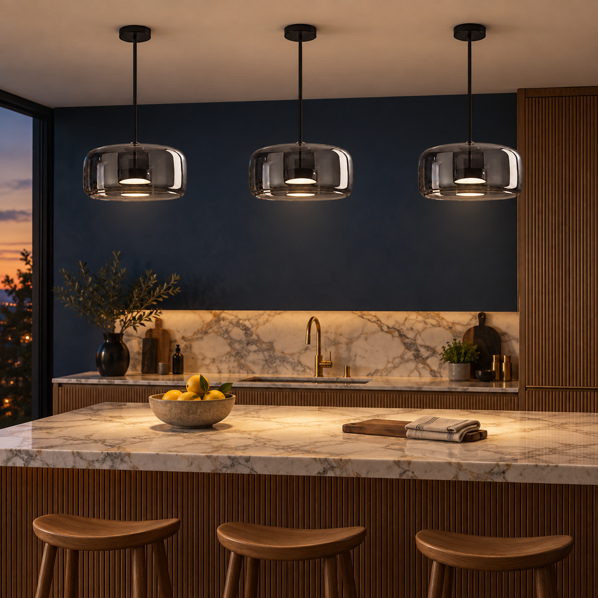 Three Ostara pendant lights in a row above a marble kitchen island