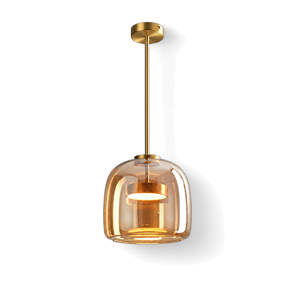 Ostara smoked glass pendant light in cognac amber with a brass stem on a white background
