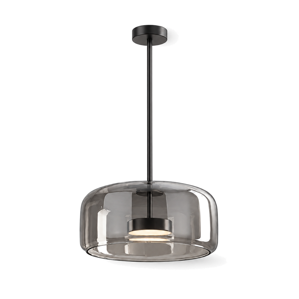 Ostara smoked glass pendant light in smoke grey with a black stem on a white background