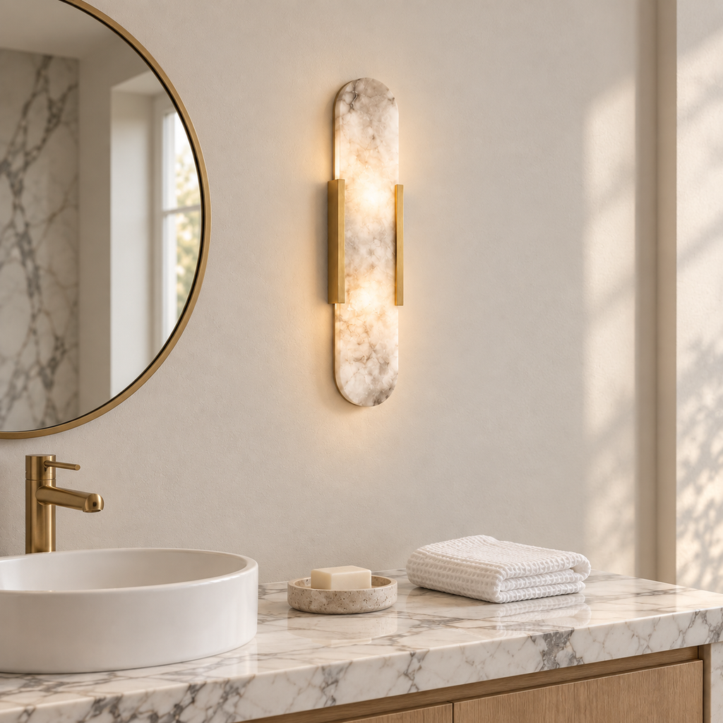 Selora wall light in brass beside a round mirror in a calacatta marble bathroom