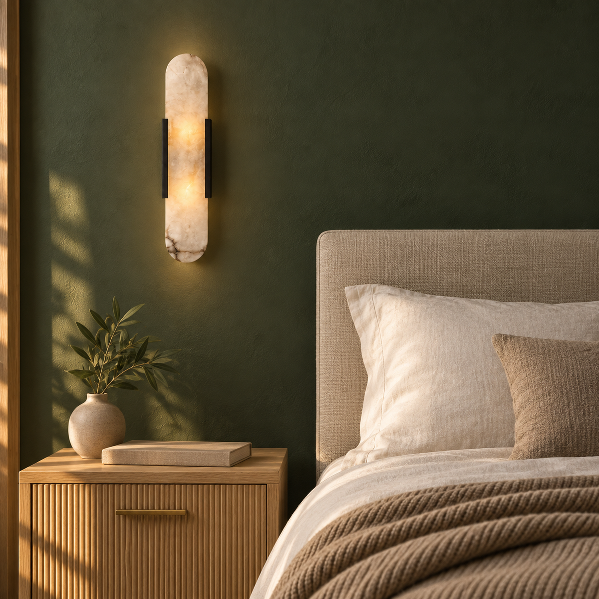 Selora wall light in black above a fluted oak bedside table in a forest green bedroom
