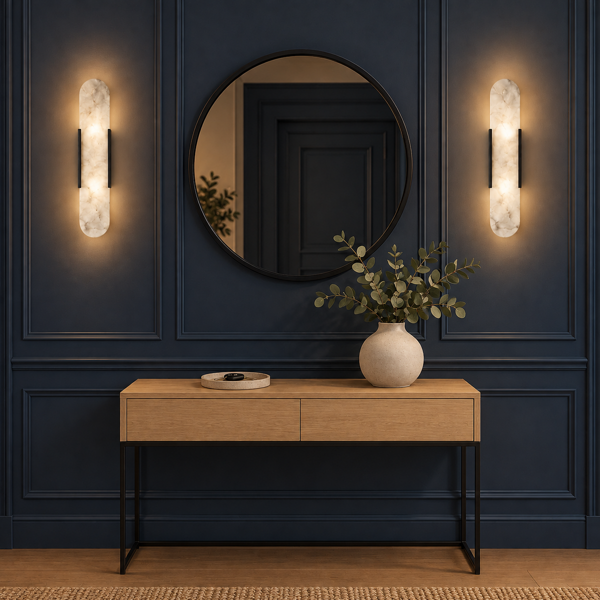 Pair of Selora wall lights in black either side of a round mirror in a navy hallway