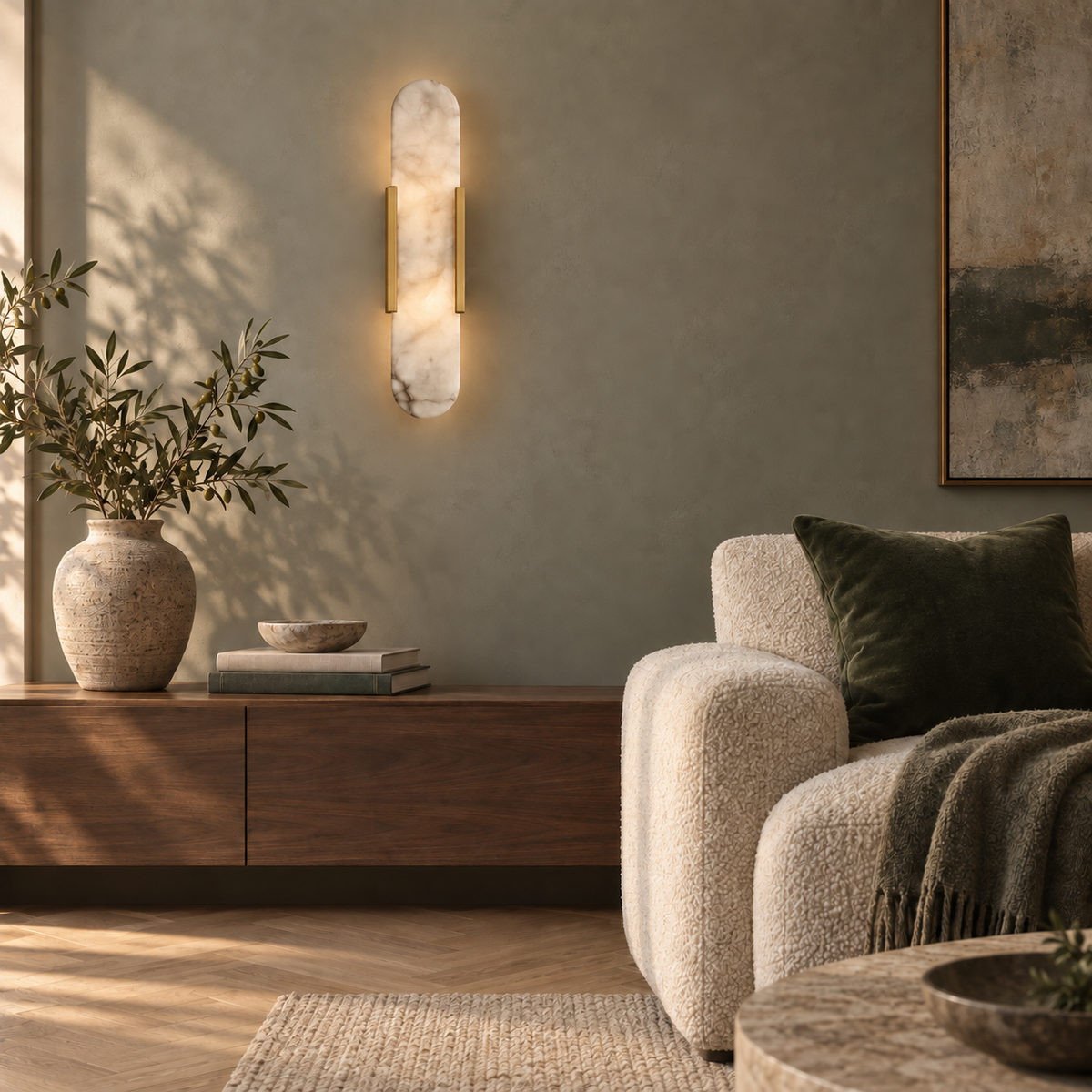 Selora wall light in brass on a sage green living room wall above a walnut console