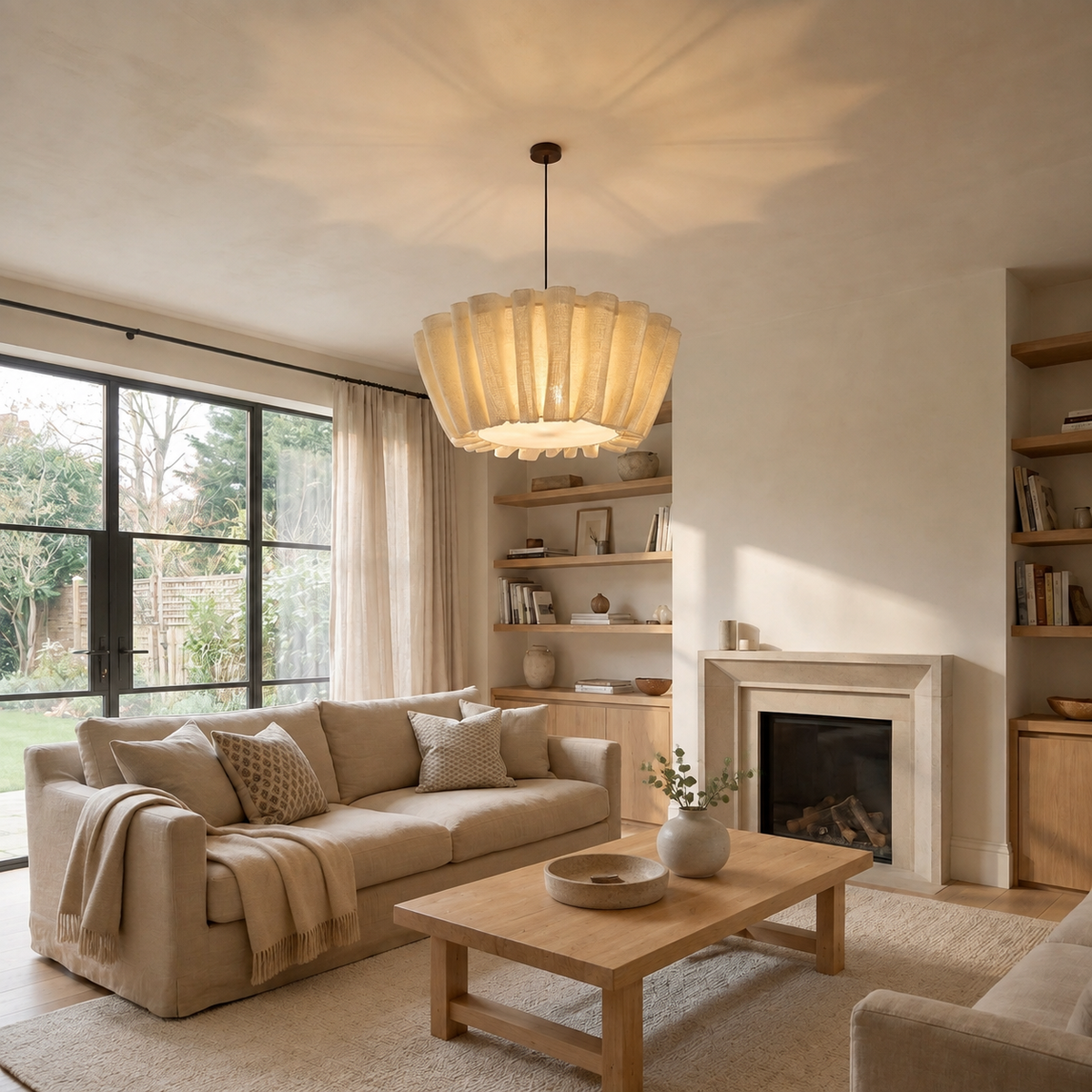 Handmade Fabric Pendant Light Belora, Salon a la cheminee