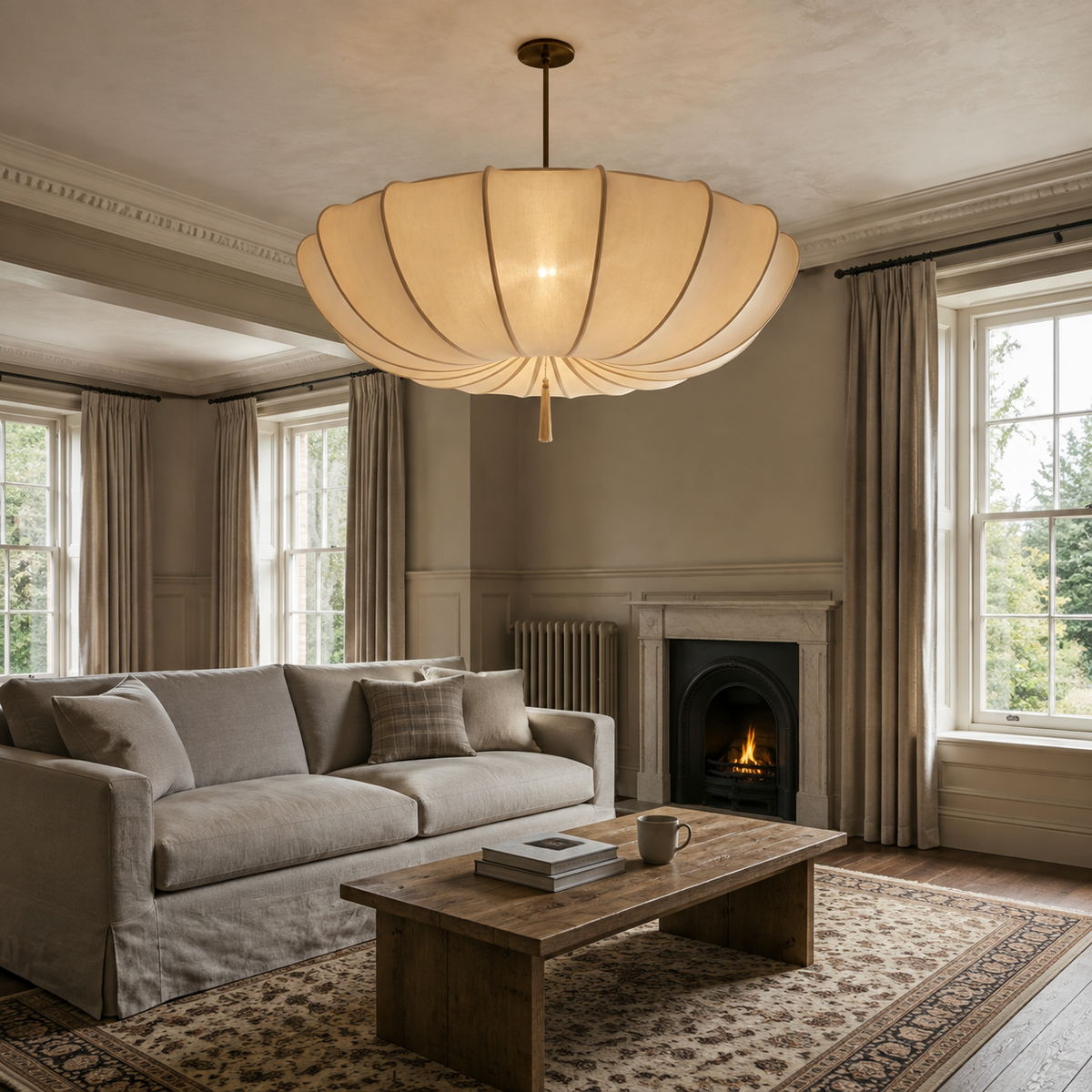 Wabi Sabi Fabric Pendant Light Delira, Salon aux rideaux de lin