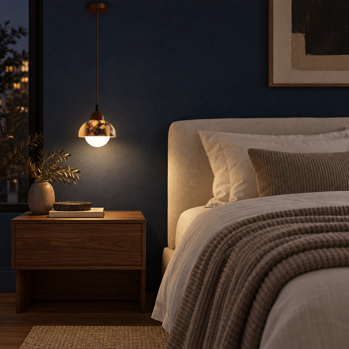 Valina pendant light dropped low beside a walnut bedside table on a navy wall