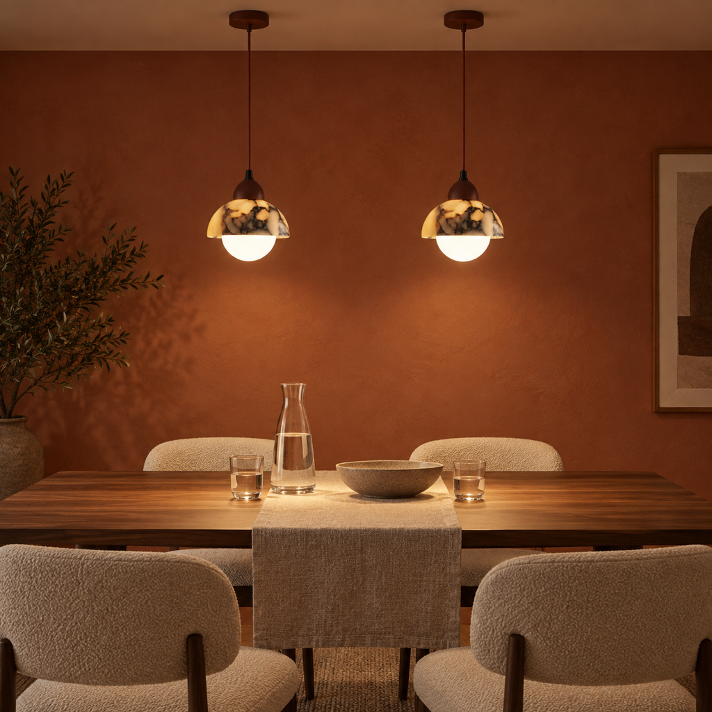 Two Valina pendant lights above a walnut dining table on a terracotta wall