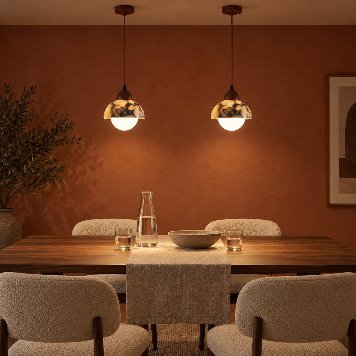 Two Valina pendant lights above a walnut dining table on a terracotta wall