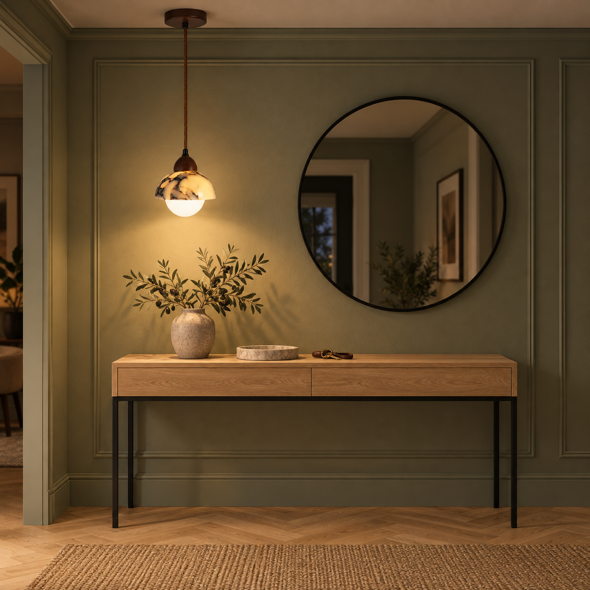 Valina pendant light beside a round mirror above an oak console in a sage green hallway