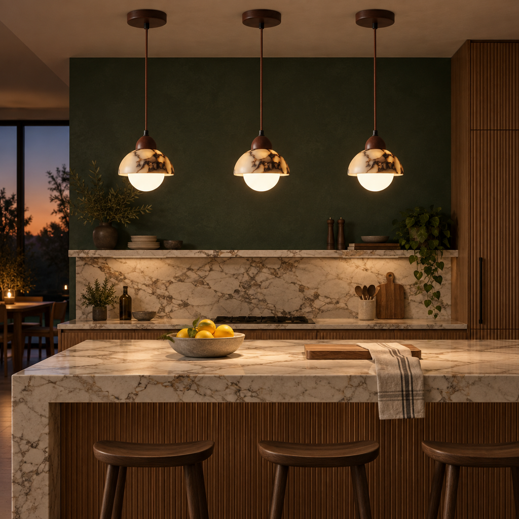 Three Valina pendant lights in a row above a marble kitchen island