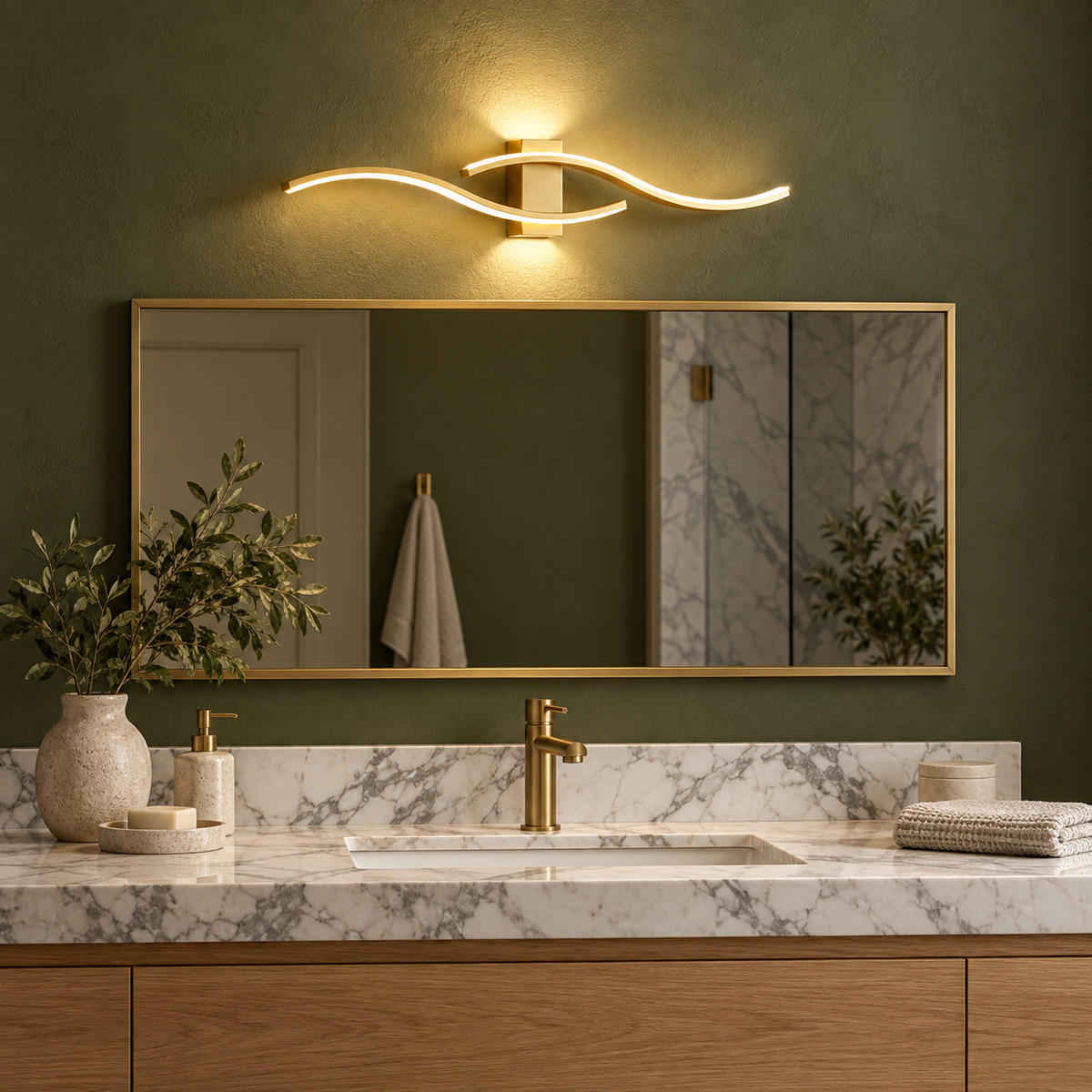 Venira wall light above a bathroom mirror with calacatta marble and brass taps