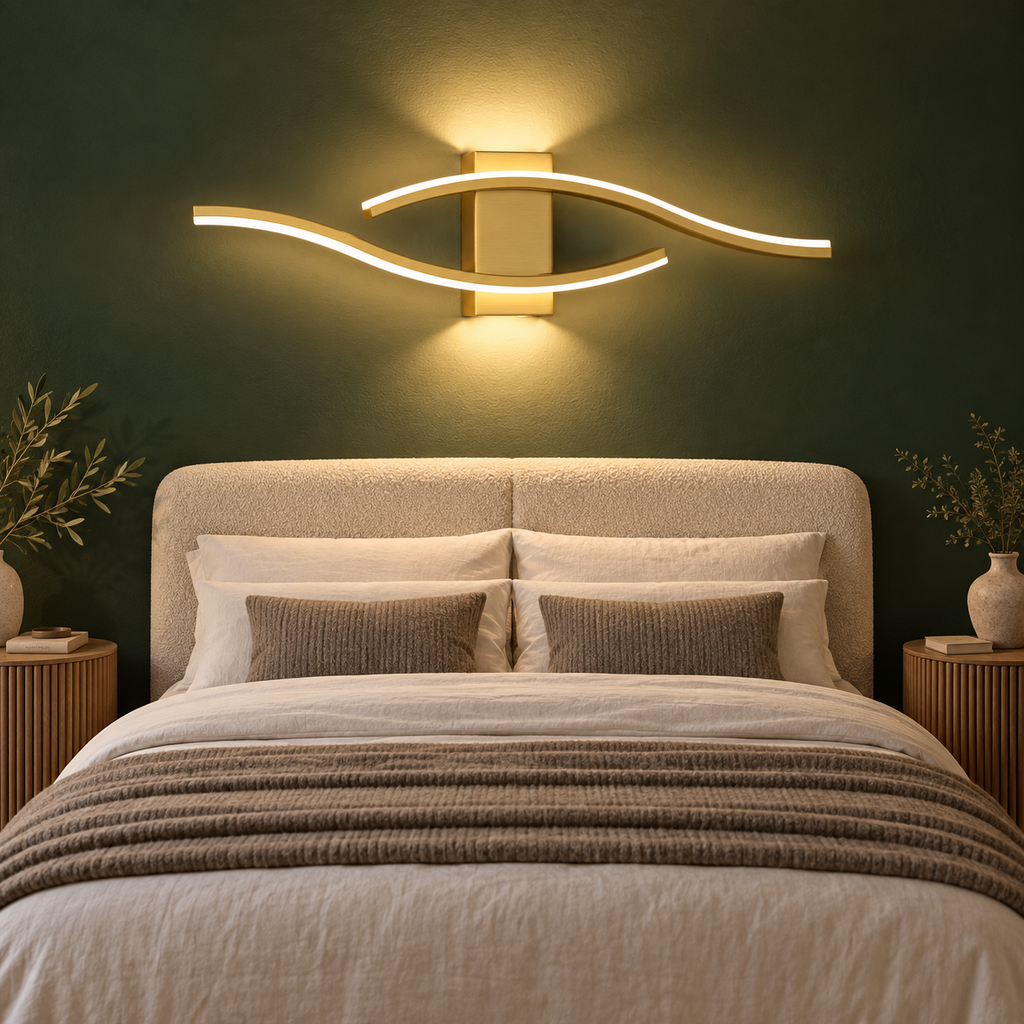 Venira wall light mounted horizontally above a headboard on a forest green wall