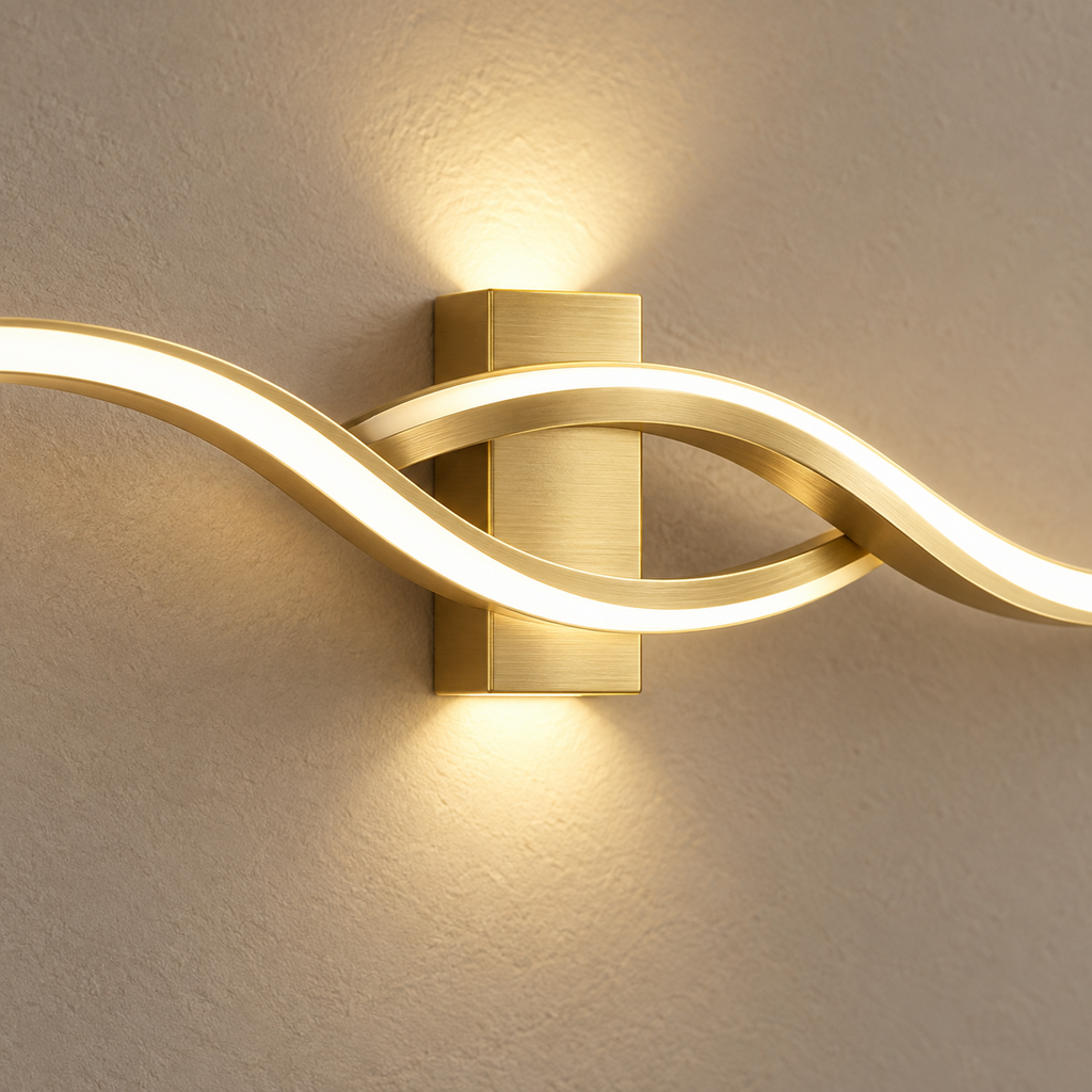 Close-up of the crossing point of the two brushed brass waves of the Venira wall light