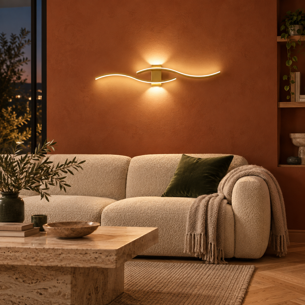 Venira wall light above a boucle sofa on a terracotta living room wall