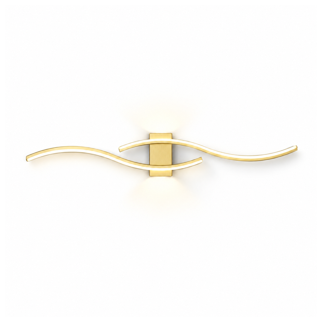 Venira curved brass LED wall light on a white background