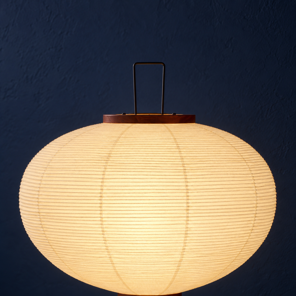 Close-up of the ribbed rice paper shade of the Verira floor lamp