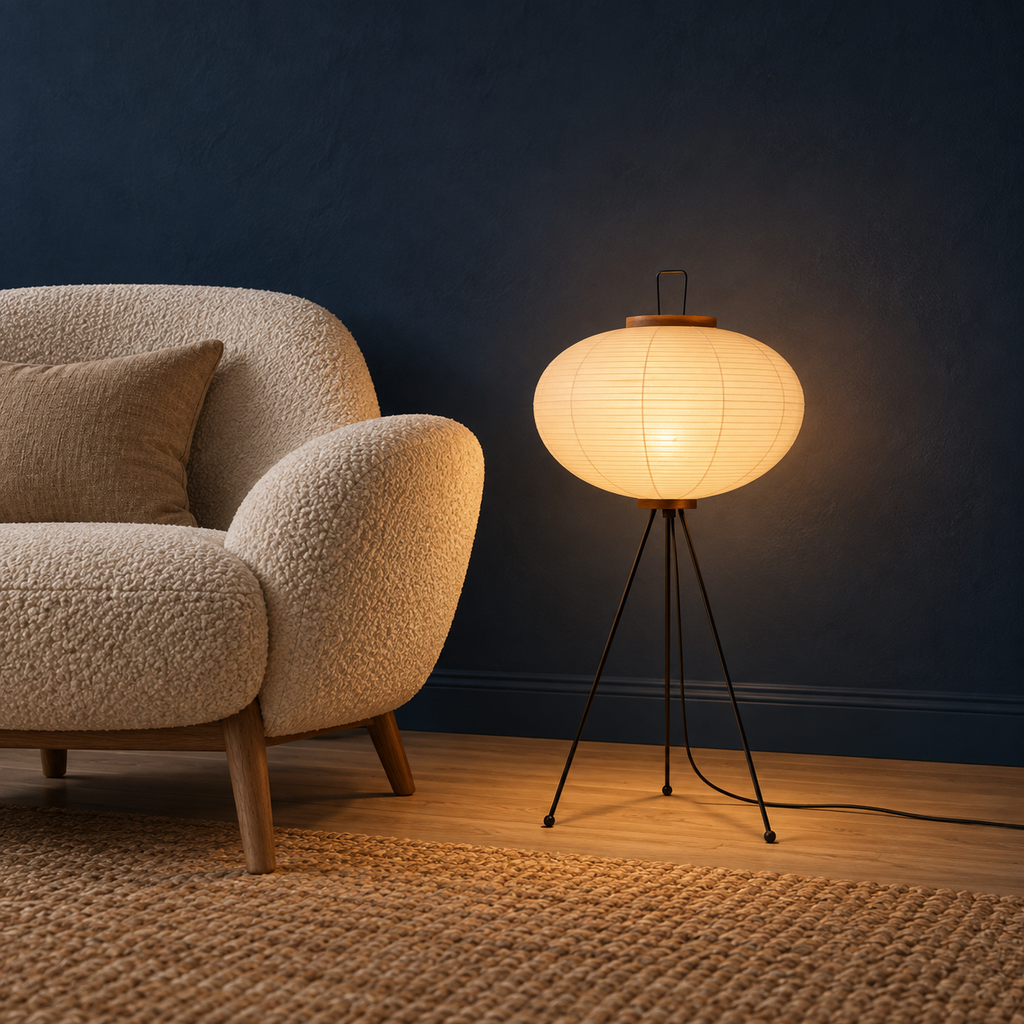 Verira floor lamp shown beside an armchair for scale, 68 cm tall